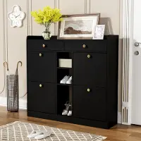 OKWISH Schoenenkast – 110x26x100 cm – 4 Klapdeuren – 2 Lades – 3 Open Vakken – Ruimtebesparend Voor Hal En Entree – Minimalistisch – Spaanplaat Zwart