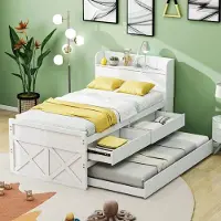 OKWISH Massief Houten Bed 90x190cm - Met USB Oplaadpunt en Nachtkastje - Uittrekbaar Bed met 2 Opberglades - Jeugd- en Logeerbed - Wit - Zonder matras