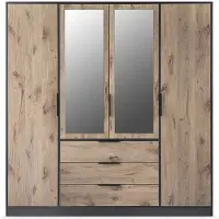 Vente-unique Kast met 4 deuren en 3 lades - Met spiegels - L196 cm - Kleuren: houtlook en zwart - LAMIKI