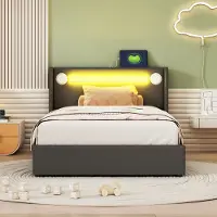 OKWISH Gestoffeerd Bed 90x200cm - Met Bluetooth en LED Lichtlijst - Met Hydraulische Opbergruimte - Jeugd/Kinderkamer - PU Kunstleer - Zwart - Zonder matras