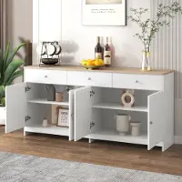 OKWISH Dressoir – Landelijk Buffetkast – 160x37x75 cm – 4 deuren – 3 lades – Verstelbare Planken En Ruime Opbergruimte – MDF Wit+Bruin