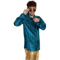 Partychimp Shiny Disco Shirt Turquoise voor Heren Carnavalskleding Foute Party Verkleedkleding Volwassenen Heren Toppers 2026- Disco- Shiny- Polyester - 3XL