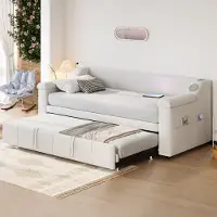 OKWISH Gestoffeerd Slaapbank 90x190 cm - Uitschuifbaar naar 180x190 cm - Hydraulisch - Armleuningen Met Bluetooth en USB - Fluweel - Beige - Zonder matras