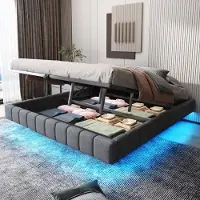 OKWISH Gestoffeerd Bed 180x200 cm - Zwevend Design Met Kleurwisselende LED - Hydraulisch Opbergbed Met Liftmechanisme - Zonder Matras - Linnen Stof - Grijs