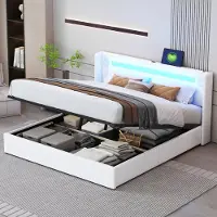 OKWISH Gestoffeerd Bed 160x200cm – LED-Licht en Bluetooth – Hydraulisch Hefmechanisme – Met Opbergruimte – PU-Leder – Wit – Zonder matras