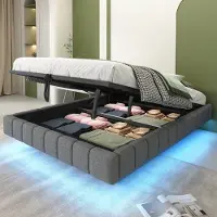 OKWISH Gestoffeerd Bed 140x200cm - Zwevend Met LED Kleurwisselaar - Hydraulisch Opbergbed Met Gasveer - Stof Linnenlook - Grijs - Zonder matras