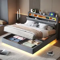OKWISH Gestoffeerd Bed 140x200 cm – Tweepersoonsbed met Hydraulische Opbergruimte en Zwevend Frame – USB & Meerkleurige LED – Linnen – Grijs – Zonder Matras