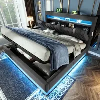 OKWISH Gestoffeerd Bed 160x200 cm - LED Sfeerverlichting Met App En Muziekmodus - Hydraulische Opbergruimte Onderbed - Linnen - Grijs - Met matras