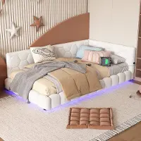 OKWISH Gestoffeerd Bed 90x200cm - Dagbed met 16-kleurige App-LED en USB/Type-C Oplaadpoort - met Lattenbodem - Fluweel - Wit - Zonder matras