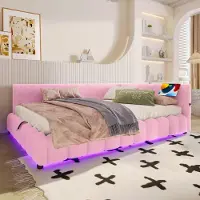 OKWISH Gestoffeerd Bed 140x200cm - Dagbed met Hydraulische Opbergruimte, LED-sfeerverlichting en USB/Type-C - Fluweel - Roze - Zonder matras