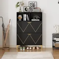 OKWISH Schoenenkast – 80×25×117 cm – 4 Deuren 8 Vakjes – 2 Halfopen Vakken – Grote Bovenplank – Zwart+Goud Design – MDF Zwart – Met Metalen Poten