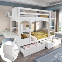OKWISH Etagebed 90x200cm - Kinderbed met Opklapbaar Bureau - met 2 Schuifladen - Massief Hout - met Lattenbodem - Zonder Matras - Wit