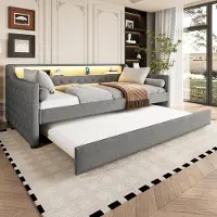 OKWISH Dagbed 90x200cm - Uittrekbaar Slaapbank met LED-Appverlichting - met Uittrekbed - voor Slaapkamer en Gastenkamer - Linen - Grijs - zonder matras