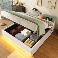 OKWISH Gestoffeerd Bed 140x200cm - LED Meerkleurig Met USB En Type-C - Hydraulische Opbergruimte Met Zijvakjes - Linnen/MDF - Beige - Zonder matras