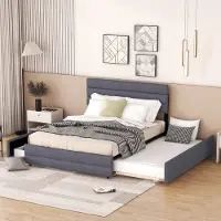 OKWISH Gestoffeerd Platformbed 140x200 cm - Met Uittrekbed 90x190 cm - 2 Opberglades - Met Verstelbaar Hoofdeinde - Linnen/MDF - Grijs - Zonder matras