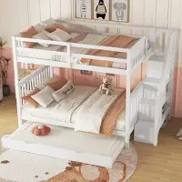 OKWISH Stapelbed 140x200 cm - Met Uittrekbaar Rollend Bed - Trap Met Opbergrekken - Geschikt Voor Kinderen Vanaf 6 Jaar - Grenen/MDF - Zonder matras - Wit