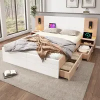 OKWISH Houten Bed 140x200 cm - 360° Leeslamp en USB Oplader - Met 2 Lades Onderbed - Slaapkamerset Met 2 Nachtkastjes - Massief Hout;MDF - Wit+Lichtbruin - Zonder matras