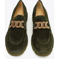 WITTCHEN Dames Suède Loafers met Decoratieve Ketting op Platform Donkergroen