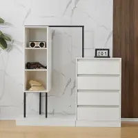 OKWISH Kledingkast Opbergmeubel – 4 Lades 3 Open Vakken – Met Kledingstang – 100×40×135 cm – Spaanplaat; Metaal Wit+Zwart – Minimalistisch Opbergmeubel