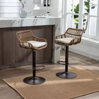 OKWISH Barstoel – Set van 2 Verstelbare 360° Draaibare Barstoelen – Linnen – met Voetsteun & Geflochten Rugleuning – Zacht Zitkussen – Beige