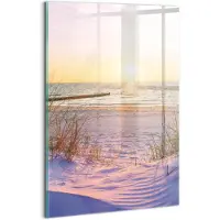 Wallfluent Glasschilderij - Poolse Zee - strand in de zon Glas Schilderij - 20x30 cm - Roze Verticale Muurschildering - Landschap Foto Op Glas - Glas Foto - Foto In Glas