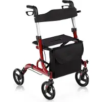 Costway Rollator opvouwbaar en licht met zitting, 2-in-1 ruststoel & reiserollator, loophulp 6-voudig in hoogte verstelbaar, loopwagen met tas en stokhouder & 2 remmen, aluminiumlegering, rood + zwart