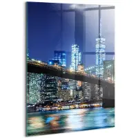 Wallfluent Glasschilderij - Brooklyn Bridge in New York 's nachts Glas Schilderij - 70x100 cm - Marine Verticale Muurschildering - Steden Foto Op Glas - Glas Foto - Foto In Glas