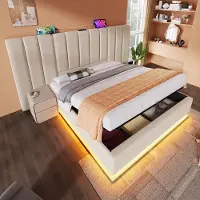 OKWISH Gestoffeerd Bed 160x200 cm - Bedbodem Met Opbergruimte En LED Verlichting - Tweepersoonsbed Met USB C-Type Oplaadfunctie - Metaal - Beige