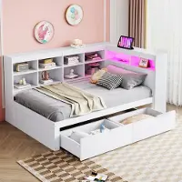 Merax Slaapbank 90x200 cm - met USB-poort en stopcontact - met LED-verlichting - met boekenplank - eenpersoonsbed - wit - zonder matras