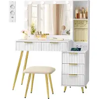 Songmics Make-uptafel – Met spiegel – Inclusief kruk – Wolkenwit