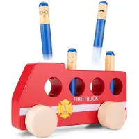 Woet Houten Pop Up Brandweerauto - Rode Brandweerwagen met Brandweermannen - FSC Speelgoedvoertuig - Actiespel - Educatief Speelgoed - Vanaf 2 Jaar