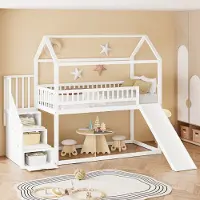 Merax Kinderbed - stapelbed 90x200 cm - hoogslaper met glijbaan en opbergladder - hoge schutting - massief hout - wit - zonder matras