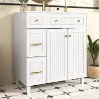 OKWISH Badmeubel – Wastafelonderkast Met Keramische Wastafel – Meerdere Lades+1 Deur – Badkamer Opbergruimte – MDF Wit – Massief Grenen Poten – Metalen Grepen