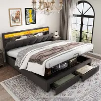 OKWISH Gestoffeerd Bed 160x200 cm - met LED en Afstandsbediening - Hydraulische Opbergruimte en Laden - Stalen Frame MDF; Linnen Look - Donkergrijs - Zonder matras