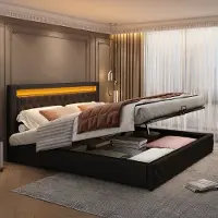OKWISH Gestoffeerd Bed 180x200 cm - LED-Verlichting Met Afstandsbediening - Met Opbergruimte Onder Lattenbodem - PU Bekleding - Zwart - Zonder matras