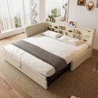 OKWISH Dagbed 90x200cm - Uittrekbaar Tot 180x200cm - Met USB En Type-C Oplaadpoorten - Met Opbergruimte - Linnen - Beige - Zonder matras