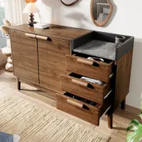 OKWISH Dressoir – Eiken Decor Met Marmerlook Blad – 2 Deuren 3 Lades – 120x40x77 cm – Donkerbruin – MDF & Massief Hout – Middelpoot Verstelbaar