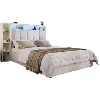 Merax Gestoffeerd Bed 90x200 - Beige - Bed Met Opbergruimte Met Hydraulische Lift - LED Verlichting Met Afstandsbediening En App - USB En Type-C Oplaadfunctie - Inclusief Lattenbodem