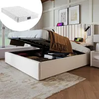 OKWISH Gestoffeerd Bed 160x200cm - Verstelbaar Hoofdeinde Met Nieten - Leeslamp 2 USB+2 Type-C - Onderbedopslag - Katoen-Linnen Beige - Zonder matras