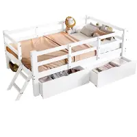 Merax Kinderbed 90x200 – Houten Platformbed – Veiligheidshek – Twee Opberglades – Wit
