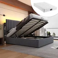 OKWISH Gestoffeerd Bed 160x200 cm - LED Hoofdeinde Met App-Bediening - USB-C Oplaadpoort - Met Opbergruimte - Slaapkamer - Linnen - Grijs - Zonder matras