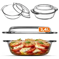 Kadax Ovenschaal van hittebestendig glas, vuurvast glas, glazen braadpan met deksel en handgrepen, servies om te braden, oven, elektrisch fornuis, voor lasagne, vlees, transparant (rond, 2,4 liter)