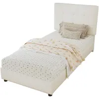 Merax Kinderbed 90x200 - Gestoffeerd Bed met Koekjesvormig Hoofdbord - Zachte Rugleuning - Anti-bots Stootrand - Lattenbodem - Beige - Zonder Matras
