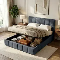 CLP Bed met opbergruimte gestoffeerd Ladia - bedframe voor matrassen - lattenbodem met liftmechanisme - tweepersoonsbed met stoffen be donkergrijs