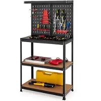 Costway Werkbank voor het Opbergen van Gereedschap met Prikbord en 2 Onderplanken, Inclusief 13 Pinnen, Stalen Constructie, Multifunctionele Werkbank voor Garage, Thuis
