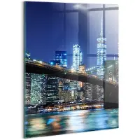Wallfluent Glasschilderij - Brooklyn Bridge in New York 's nachts Glazen Schilderij - 60x80 cm - Marine Verticale Muurschildering - Steden Foto Glas - Schilderij Op Glas - Glas Schilderij