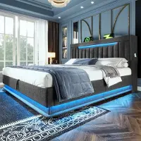 Merax Gestoffeerd bed 180x200 cm Tweepersoonsbed - opberghoofdeinde met USB- en Type-C-poorten - LED-verlichting - met opbergruimte - grijs - zonder matras