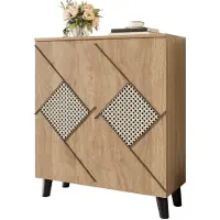 Merax Schoenenkast 80x32x91 cm – Houten Schoenenkast met 3 Deuren – Moderne Opbergkast met Rattandetail – Compact Halmeubel met Meerdere Legplanken