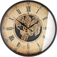 Gilde wandklok, rond, met wereldkaartmotief en tandwielmotief, metaal, crème, koperkleurig, verpakkingseenheid 1, lengte 8 cm, diameter 59,5 cm, artikelnummer 46223