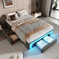 OKWISH Gestoffeerd Bed 90x200cm - PU-leer Met RGB LED Sfeerverlichting - Zonder Hoofdeinde - Met Opberglades - Modern Slaapkamer - Grijs - Zonder matras